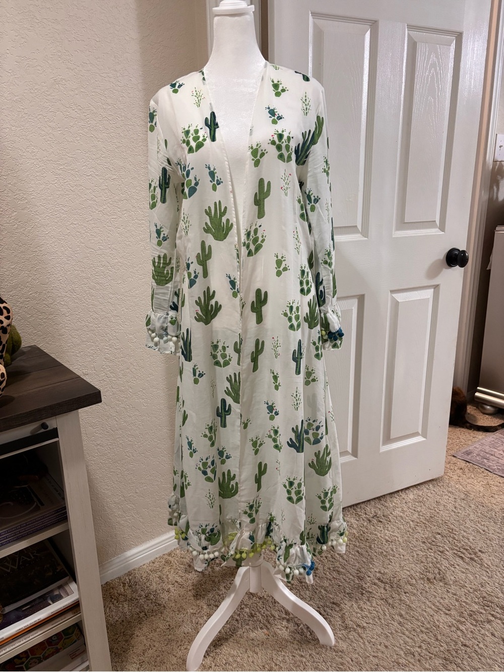 Women’s White kimono with Green Cactus Print and Pom Trim